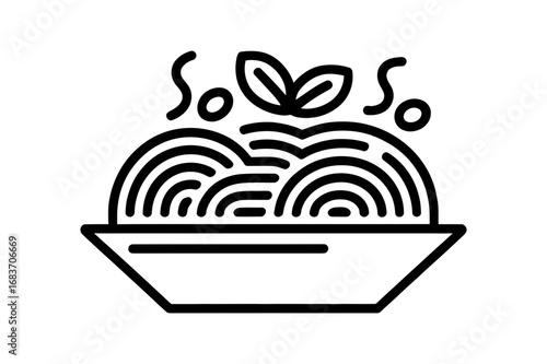 Illustration of a steaming bowl of spaghetti with basil leaves on top in black outline