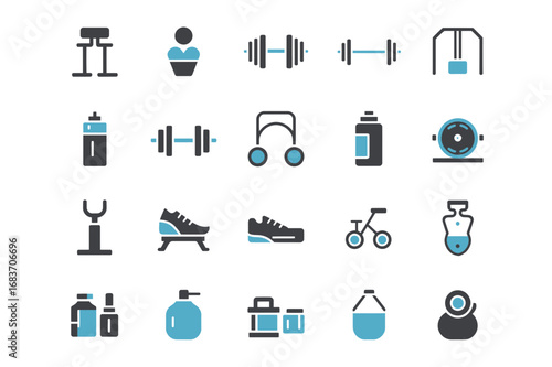 Collection of fitness and gym equipment icons including weights, shoes, and water bottles