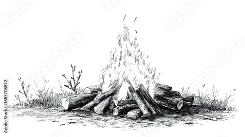 Detailed drawing of a campfire surrounded by grass and brush representing warmth and outdoors in monochrome