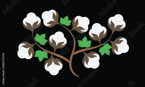 Vector illustration of a cotton branch with fluffy white flowers and green leaves on a black background. Perfect for textile, agriculture, eco-friendly fabric, natural fiber, and botanical design.