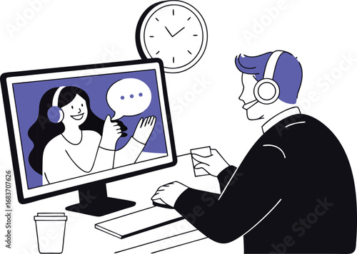 Online meeting illustration with man wearing headset and woman on screen with communication bubble and clock