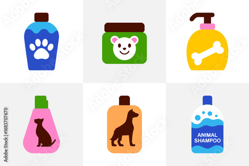 Pet care product icons with grooming design, animal shampoo bottle and jar illustration, pet supply and veterinary graphics, domestic animal vector set