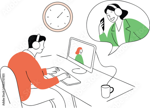 Virtual meeting and online communication concept with person talking through video call and working from home