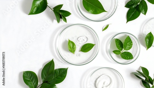 Fresh leaves and clear liquid in petri dishes