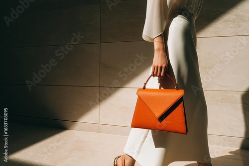 A fashionable figure walks gracefully holding a stylish orange handbag while dressed in a sleek white outfit showcasing elegance