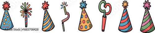 Hand drawn vector set of birthday party hats and doodle party blowers .