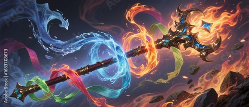 Swords Embellished with Elemental Spirits: Fire and Water