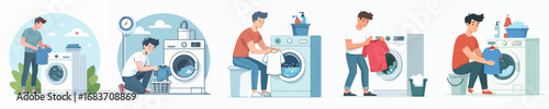 vector of a man washing in a washing machine