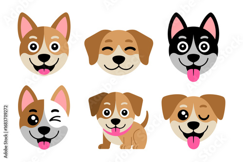 Cartoon puppy face illustration with cute dog design, pet character and friendly graphics, domestic animal and adorable art, playful vector set