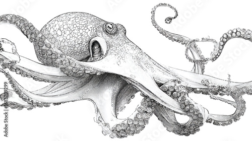 Detailed octopus illustration with intricate tentacles and suction cups against a stark white background perfect for educational materials