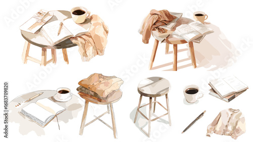 Warm watercolor illustration of cozy workspace with notebook, coffee, blanket, and wooden stool, symbolizing writing, relaxation, and creative lifestyle.