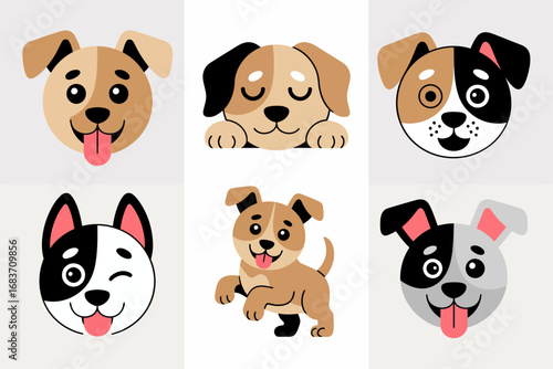 Cartoon dog head illustration with cute pet design, puppy face and friendly graphics, domestic animal and adorable art, playful vector set