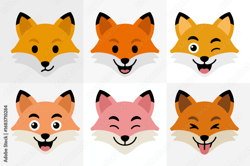 Fototapeta premium Funny fox face illustration with cute animal design, cartoon character and woodland graphics, nature wildlife and adorable art, forest vector set
