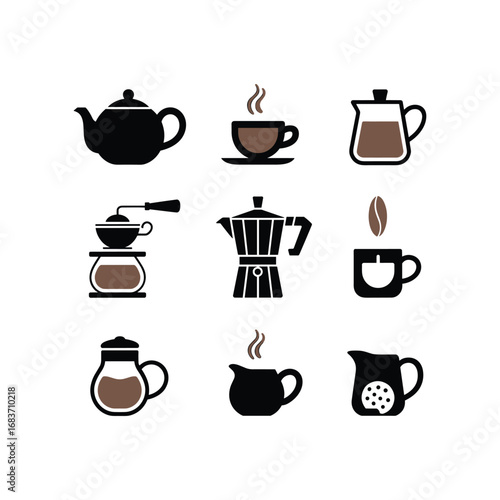 Set of nine simple flat style icons representing coffee and tea beverages and brewing equipment