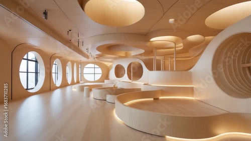 Spacious modern interior with round windows, wooden walls, curved architecture and ambient lighting in minimal contemporary design