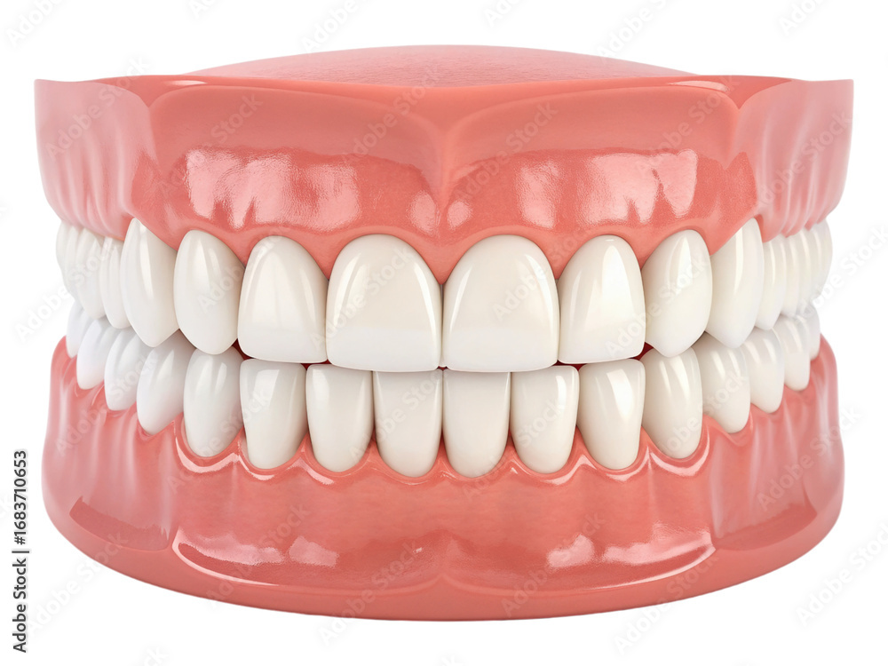 Obraz premium Complete Set of Dentures for Dental Health and Oral Care, Showing a Full Arch of Artificial Teeth and Gums for a Perfect Smile