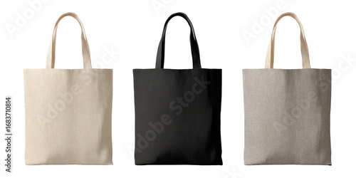 Three blank canvas tote bags in cream, black, and gray