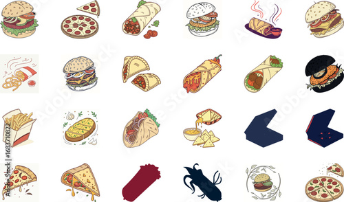 Hand drawn colorful fast food illustration bundle with burgers, cheeseburgers, pizza slices, tacos, burritos, shawarma wraps, sandwiches, french fries, nachos, garlic bread and snacks – cartoon junk f