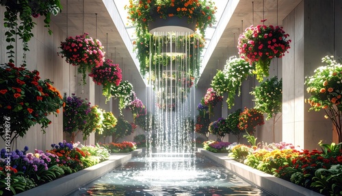 Fototapeta Naklejka Na Ścianę i Meble -  Indoor garden with cascading water feature