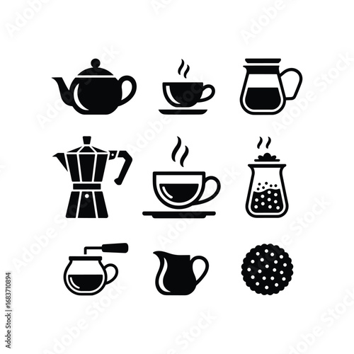 Collection of coffee and tea icons featuring teapots cups pitchers and coffee makers for beverage service