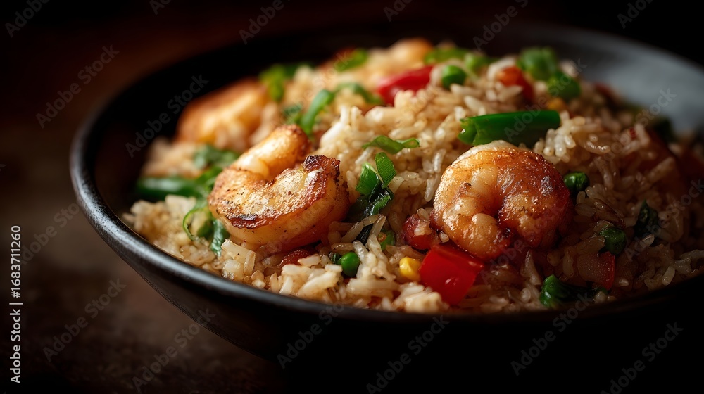 Fototapeta premium A tantalizing close up of delicious shrimp fried rice featuring succulent prawns and colorful mixed vegetables served in a dark bowl on a rustic
