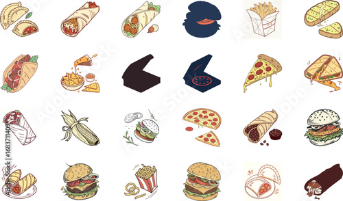 Hand drawn colorful fast food illustration bundle with burgers, cheeseburgers, pizza slices, tacos, burritos, shawarma wraps, sandwiches, french fries, nachos, garlic bread and snacks – cartoon junk f
