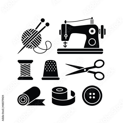 Retro sewing machine and craft supplies icons representing tailoring and hobby activities