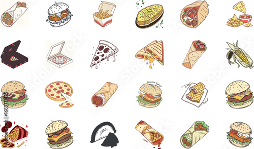 Hand drawn colorful fast food illustration bundle with burgers, cheeseburgers, pizza slices, tacos, burritos, shawarma wraps, sandwiches, french fries, nachos, garlic bread and snacks – cartoon junk f