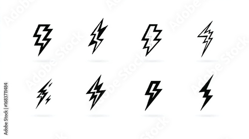 Diverse lightning bolt collection set representing power electricity energy and speed on clean white background in vector format