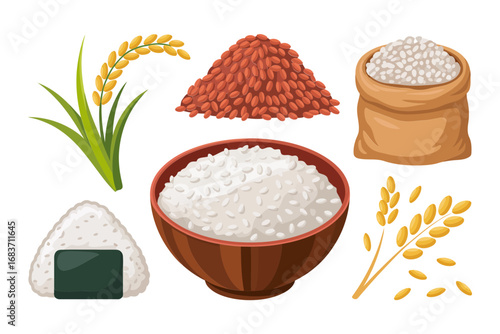 Rice and grains illustration, cartoon rice bowls and sacks, organic food agriculture design, healthy grain vector set