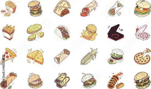Hand drawn colorful fast food illustration bundle with burgers, cheeseburgers, pizza slices, tacos, burritos, shawarma wraps, sandwiches, french fries, nachos, garlic bread and snacks – cartoon junk f