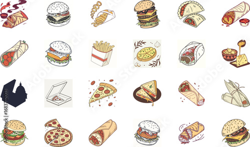 Hand drawn colorful fast food illustration bundle with burgers, cheeseburgers, pizza slices, tacos, burritos, shawarma wraps, sandwiches, french fries, nachos, garlic bread and snacks – cartoon junk f