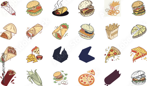 Hand drawn colorful fast food illustration bundle with burgers, cheeseburgers, pizza slices, tacos, burritos, shawarma wraps, sandwiches, french fries, nachos, garlic bread and snacks – cartoon junk f