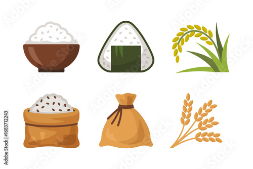 Rice bowls and grains illustration, cartoon food sacks and harvest design, organic agriculture healthy grain vector set