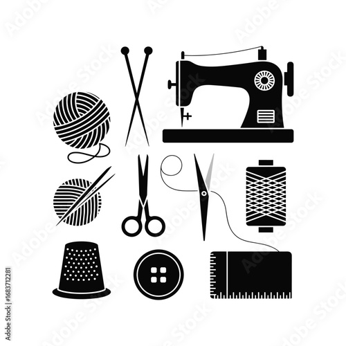 Sewing and knitting craft supplies collection with vintage sewing machine scissors needles and yarn
