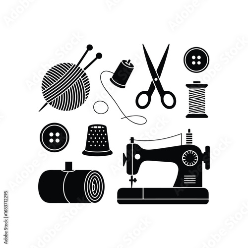 Sewing and knitting supplies collection featuring a vintage sewing machine scissors buttons yarn and thimbles