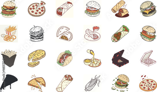 Hand drawn colorful fast food illustration bundle with burgers, cheeseburgers, pizza slices, tacos, burritos, shawarma wraps, sandwiches, french fries, nachos, garlic bread and snacks – cartoon junk f