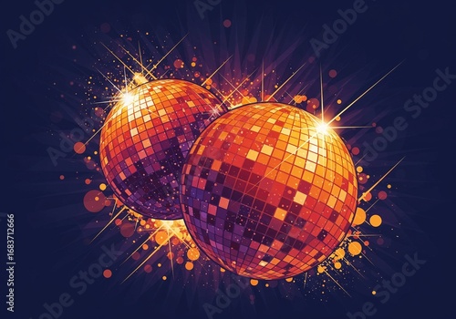 Two shimmering disco balls with sparkling effects on a dark background