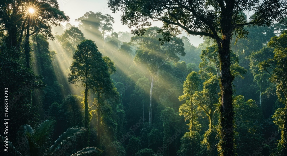 Fototapeta premium Sunlight streams through dense jungle canopy