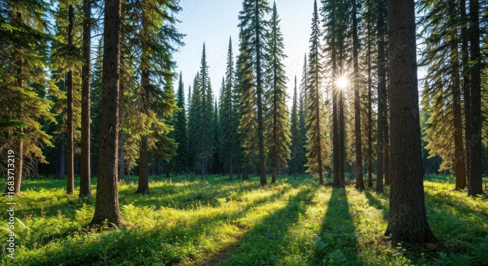 Obraz premium Sunlight streams through a dense forest of tall evergreen trees, illuminating a grassy meadow