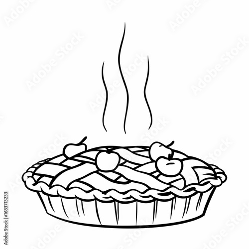 Illustration of a freshly baked apple pie with lattice crust and steam rising, in black and white outline vector illustration
