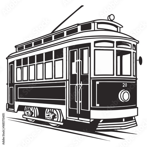 Illustration of an old fashioned trolley car with the number twenty on the front in black and white style vector illustration