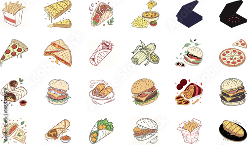 Hand drawn colorful fast food illustration bundle with burgers, cheeseburgers, pizza slices, tacos, burritos, shawarma wraps, sandwiches, french fries, nachos, garlic bread and snacks – cartoon junk f