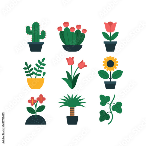 Collection of nine potted houseplants including cactus tulips sunflower and palm tree with green leaves