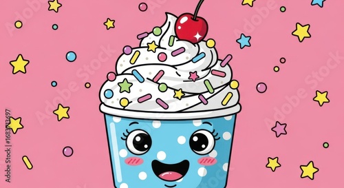 Cute Kawaii Cupcake with Sprinkles and Cherry on Top