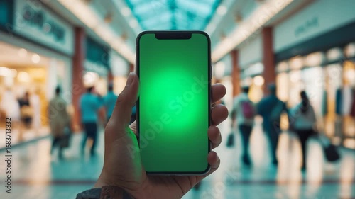 Wallpaper Mural Hand holding smartphone with glowing green screen inside modern shopping mall with blurred crowd and bright retail store environment Torontodigital.ca