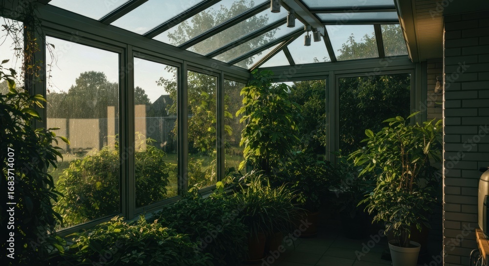 Obraz premium Sunlit conservatory with lush greenery. Sunlight streams through glass walls, illuminating numerous potted plants. A serene outdoor view is visible