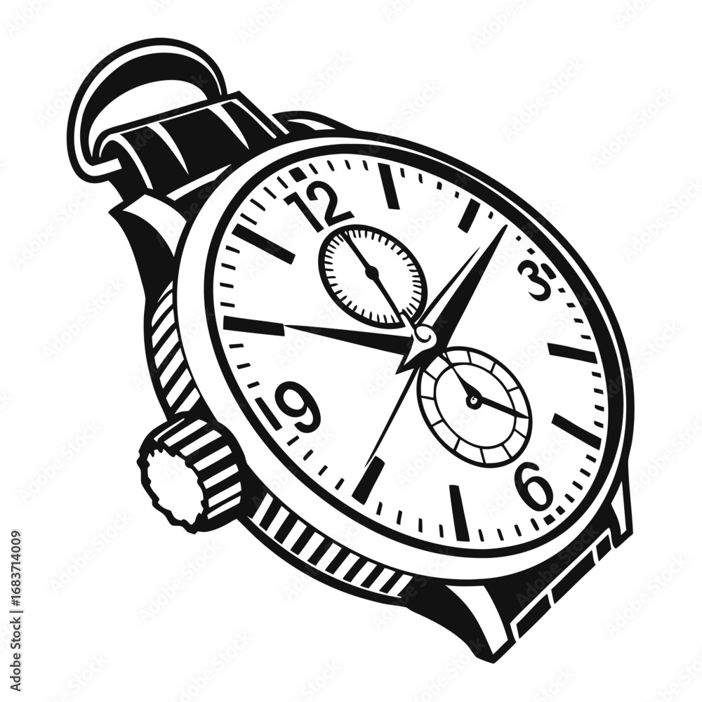 Fototapeta premium Illustration of a wristwatch with subdials and a leather strap showing the time in black and white style vector illustration