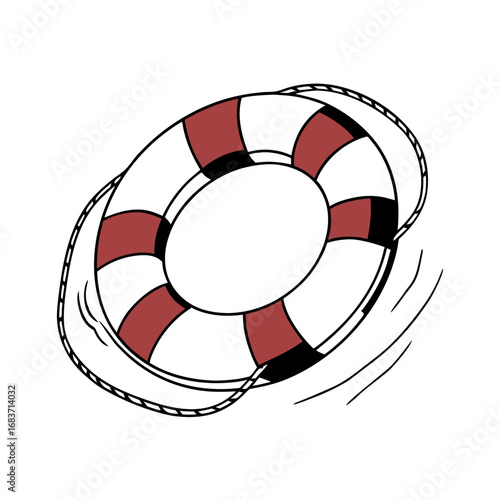 Illustration of a red and white life preserver with a rope attached and motion lines around it on white vector illustration