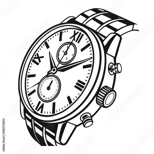 Detailed monochrome illustration of a wristwatch with roman numerals and intricate band design vector illustration